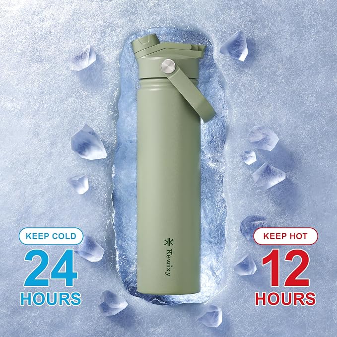 KEWIXY 24 oz Insulated Water Bottle, 2-in-1 Lid, Straw & Spout with Protected, Leak Proof, Keep Cold, Stainless Steel, Metal, Reusable, Handle, for Travel, Gym and School, 2 Lids, Sage Green