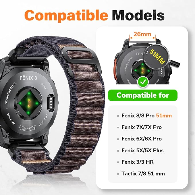 Alpine Loop Nylon Watch Band Compatible with Garmin Fenix 5X / 6X / 7X / 8 51mm, Quickfit 26mm Rugged Watch Bands for Garmin Fenix 8 Pro 51mm / 7X Pro / 6X Pro / 5X Plus, for Fenix 3, Tactix Delta