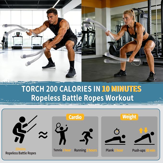 Portable Adjustable Ropeless Battle Ropes with Gray | Weighted Cordless Workout Rope with Anti-slip Handles for Low-impact Cardio, HIIT, Home Gym and Office Fitness