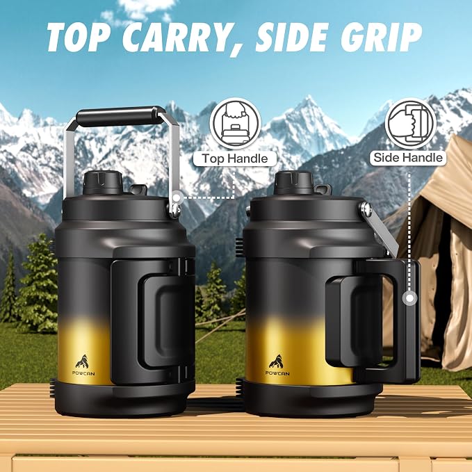 POWCAN 64 oz Insulated Water Jug, 2-in-1 Straw Spout Lid, Dual Handle, Leakproof, Keep Cold 48H, Half Gallon Stainless Steel Water Bottle for Daily, Hydration, Picnic, Travel, Gym, Workout (King)