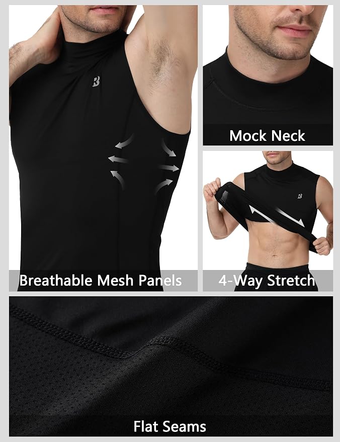 Roadbox Men's Compression Tank Top, Mock Turtleneck Sleeveless Shirt, Fitted Athletic Base Layer for Gym Workout