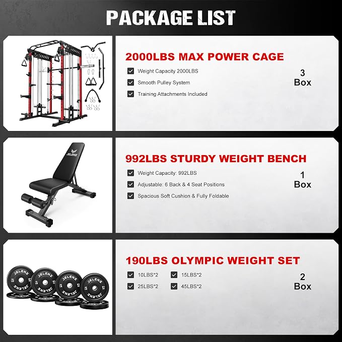 JELENS M21 Smith Machine, Multi-Function Power Cage with Dual Pulley Cable Crossover System, 2000LBS All-in-One Squat Rack with Smith Bar and Attachments for Home Gym