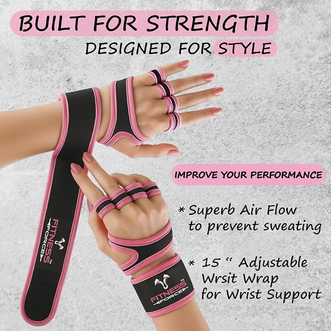 FITNESS FORCE Ventilated Weight Lifting Workout Gloves for Men & Women | Gym Gloves for Men & Women with Built-in Wrist Wraps for Men, Exercise Gloves for Weightlifting, Cycling & Cross Training