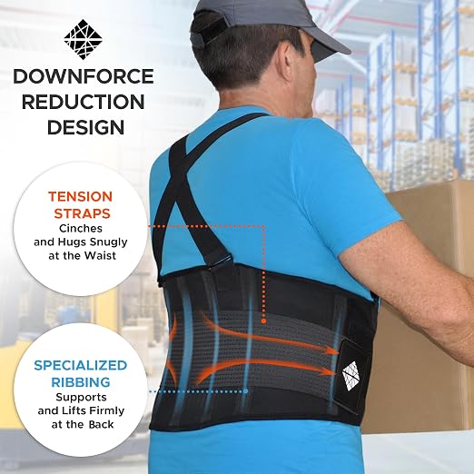 Back Brace for Men Lower Back Heavy Lifting with Suspenders, Back Support Belt for Work, Lower Back Brace with Lumbar Support for Back Pain Relief, Construction Warehouse Moving Belt, Size L