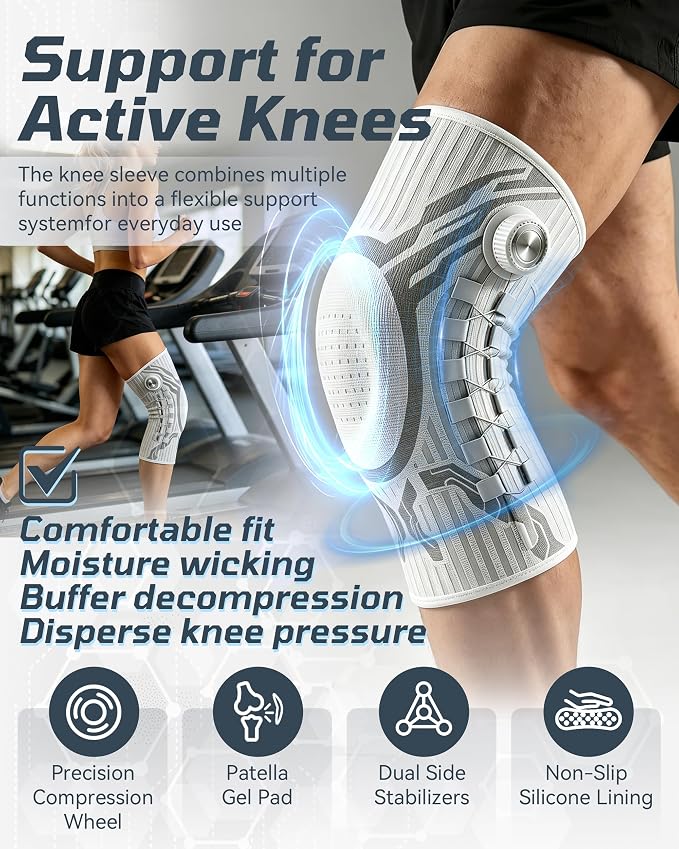 Knee Sleeve, Adjustable Knee Brace With Precision Dial, Patella Gel Pad & Side Stabilizers For Running, Workout