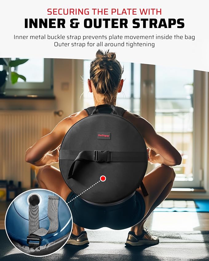 THEFITGUY Weighted Backpack for Gym Plate - for Pushups, Pullups, Squats | Fits Up to 17.5” Diameter, 2.5” Thick Plate, Wear on Back or Front, Padded Straps & Secure Buckles - For Home & Gym