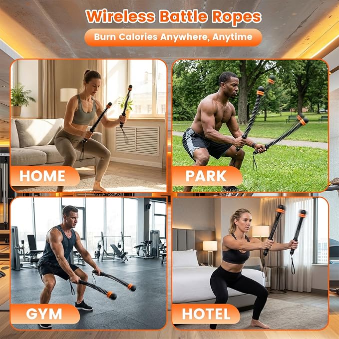 Weighted Ropeless Battle Ropes, Cordless Trainer for Home Gym Workouts | Quiet steel springs, adjustable weight rings and non-slip grips for portable HIIT, cardio and strength training