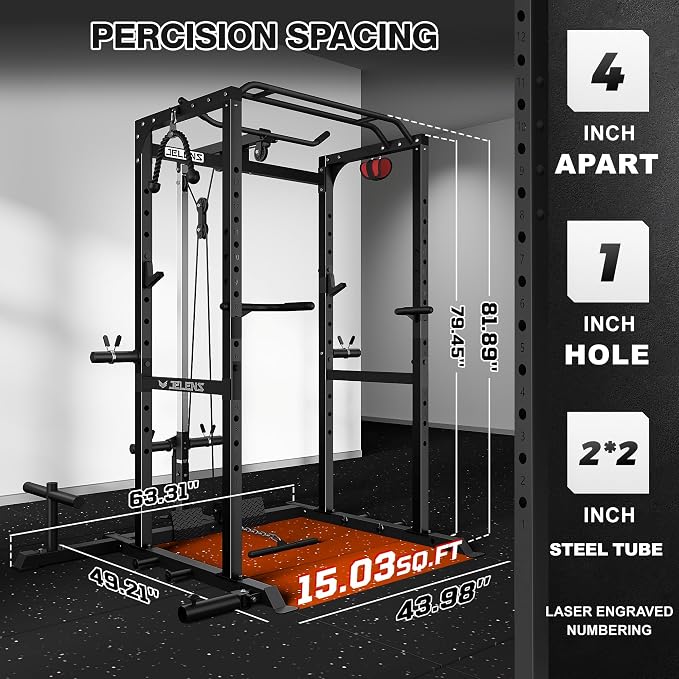 JELENS S21 Power Cage, Multi-Function Power Rack with Adjustable Cable Crossover System, 2000LBS Squat Rack for Home Gym with More Training Attachments