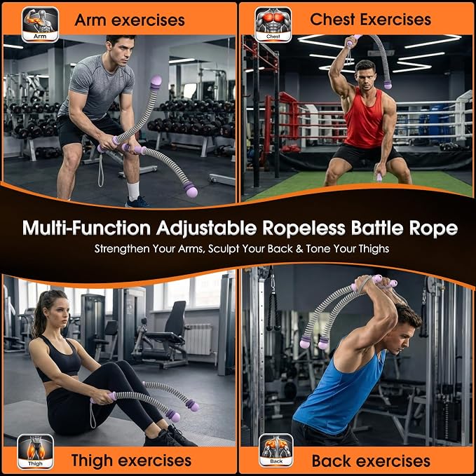Ropeless Battle Rope - Portable Weighted Battle Ropes with Adjustable Weights No Anchor Design for Home Gym HIIT, Strength, Core, Full Body Workout Heavy Duty for Men & Women (Purple)