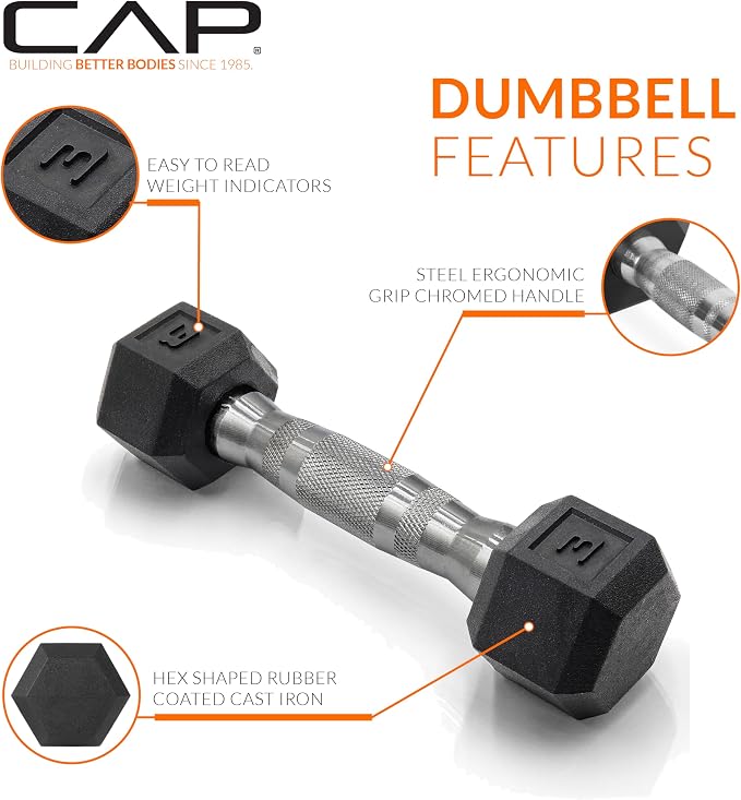 CAP Rubber Coated Dumbbell Weights, Free Weights for Home Gym Strength Training, Anti-Roll Hex Dumbbells with Black, Chrome & Comfort Grip Handles, Pairs & Sets