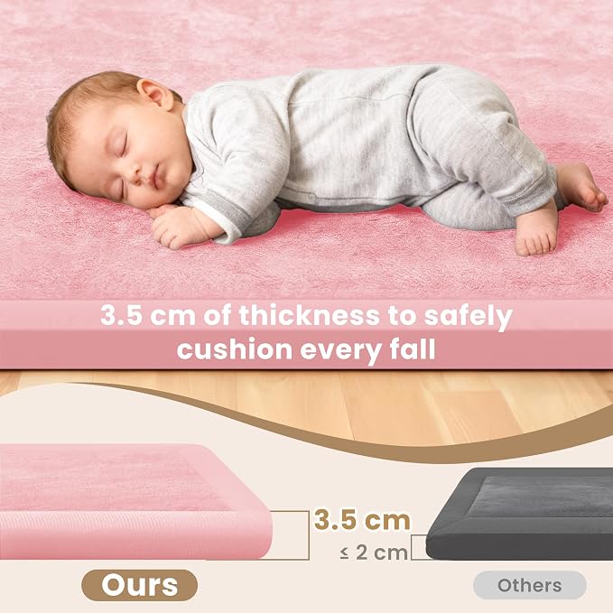 ACOMOPACK Baby Play Mat for Floor,1.3" Thick Elasti-Foam 59"×71" Non-Slip Water Repellent,Non-Toxic Playpen Mat for Infants Toddlers Kids, Ultra Soft Coral Velvet for Tummy Time Crawling（Pink）