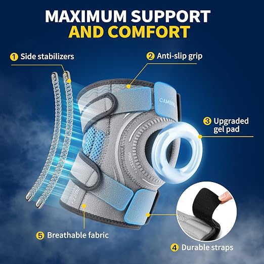 CAMBIVO Knee Brace with Stabilizers, Gel Pad & Open Patella for Men & Women | Open Patella Stabilizer for Arthritis, Meniscus & ACL MCL Relief. Adjustable Compression for Running & Sports Recovery