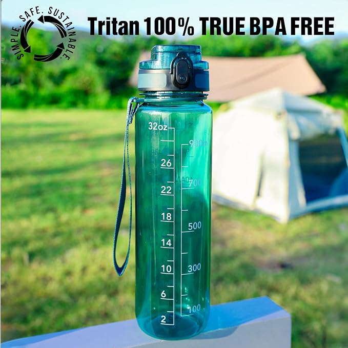 OLDLEY Water Bottle, 32oz Motivational Sports Water Bottle with Time Marker - Times to Drink - Tritan, BPA Free, Wide Mouth Leakproof,Deep Sea