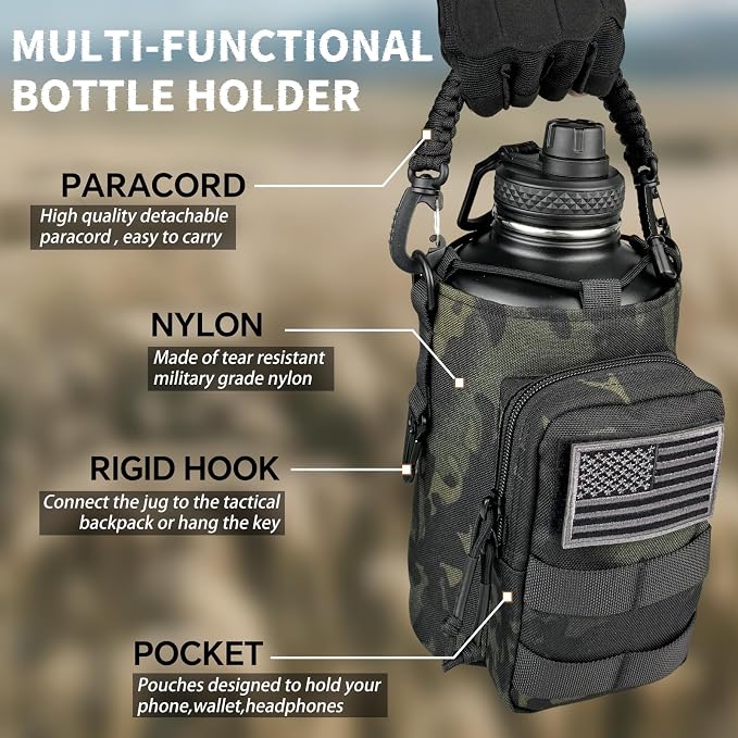 DEFUNX Half Gallon Water Bottle Insulated with Sleeve - Tactical 64 oz Stainless Steel Water Jug with MOLLE Water Bottle Pouch, Gym Water Bottles for Men Hiking Workout (Black Camo)