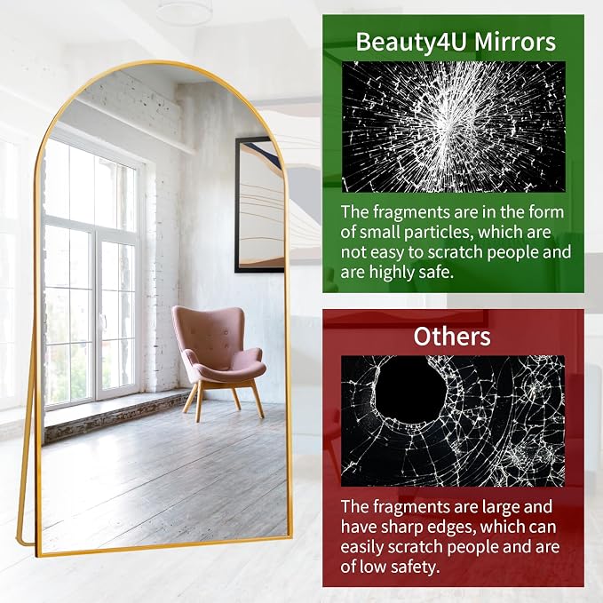 Beauty4U 76" x 37" Arched Full Length Mirror with Stand, Gold Floor Mirror | Large Standing, Leaning, or Wall-Mounted Tempered Full Body Mirror with Metal Frame for Bedroom, Closet, Modern Home Decor