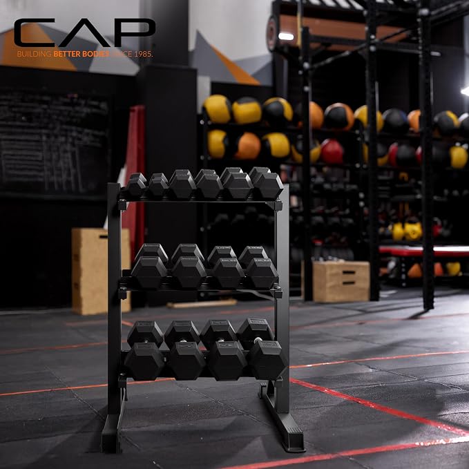CAP 280 LB, 550 LB, 1200 LB Dumbbell Set with Horizontal 2-3 Tier Rack, Rubber Hex Free Weights, Home Gym Weight Set for Strength Training