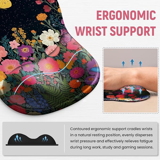 Ergonomic Mouse Pad with Wrist Rest, Gel Wrist Support, Butterfly | 10.2 x 7.6 in Mouse Pad with Smooth Fabric Surface and Non-Slip Rubber Base for Office, Home, Study, and Gaming