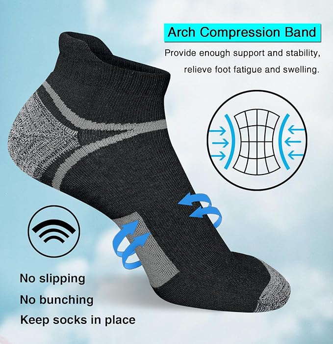 suaskk Men's Ankle Athletic Cushioned Anti-Blister Running Socks 5 Pairs | Comfort and Breathable, Moisture Wicking,