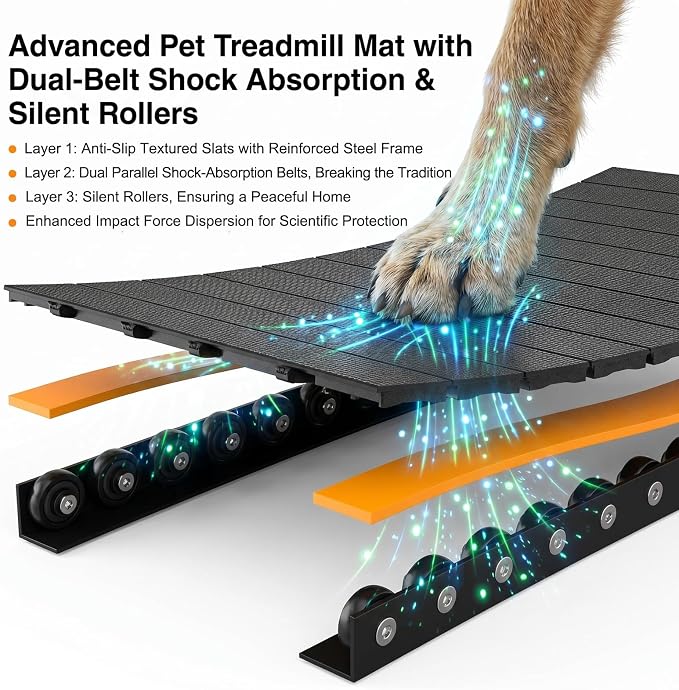Dog Treadmill with Pin-Hinged Track & 3-Layer Shock Absorption | Waterproof dirt-resistant slats, secure disc brake lock, speed monitor, quiet wheels for indoor outdoor large pet cardio.