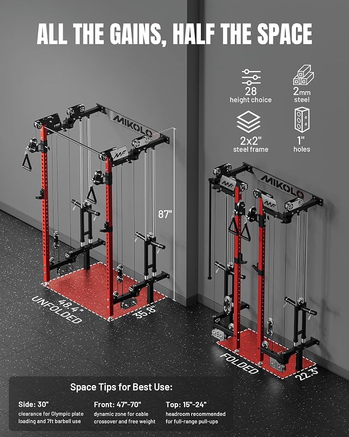 Mikolo Folding Squat Rack, Wall Mounted Power Rack with Cable Crossover Machine & LAT Pull Down, Functional Trainer with 5 Adjustable Function Modes, Home Gym Package