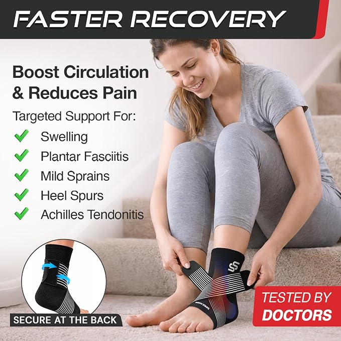 Sleeve Stars Ankle Brace for Women & Men, Ankle Wrap for Sprained Ankle, Compression Sleeve for Plantar Fasciitis Relief, Easy Customizable Support: w/Removable Strap (Single/S:9"-10"/Black)