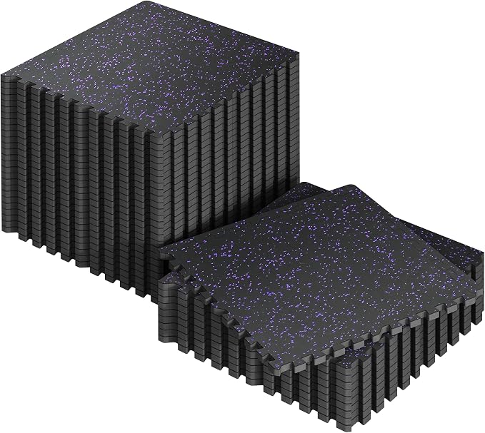 SUPERJARE 0.56'' Thick 36 Pcs 144 Sq Ft Rubber Top Exercise Equipment Mats, High Density EVA Foam Mats with Rubber Top, Interlocking Gym Flooring for Home Gym, Protective Workout Mat, Black/Purple