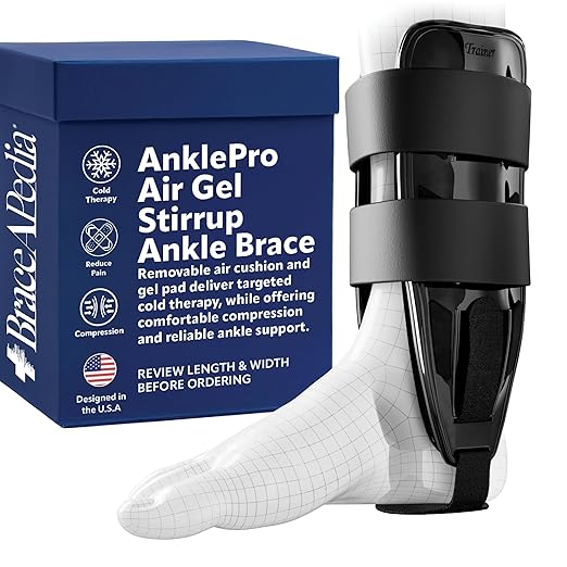AnklePro Air Cushion Stirrup Ankle Stabilizer Brace - Removable Cold Therapy 3-Strap Rigid Stirrup Ankle Splint w/Gel Pad for Women & Men - Lateral Support for Stability, Black, Small