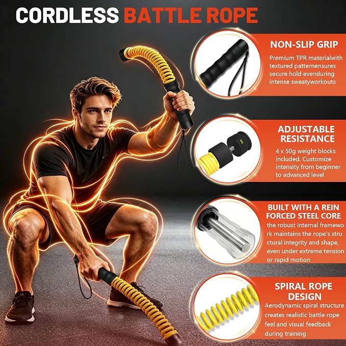 Cordless Battle Ropes with Adjustable Weights Blocks, Portable Ropeless Workout Equipment for Home Gym, Full Body Strength & HIIT Training, Cardio Exercise Rope with Gloves & Storage Bag