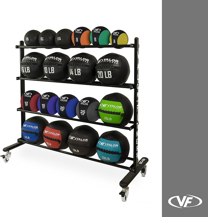 Valor Fitness 4-Tier Exercise Ball Storage Rack with Wheels – Holds Up to 20 Medicine, Slam, and Wall Balls – Durable Home Gym Sports Equipment Organizer