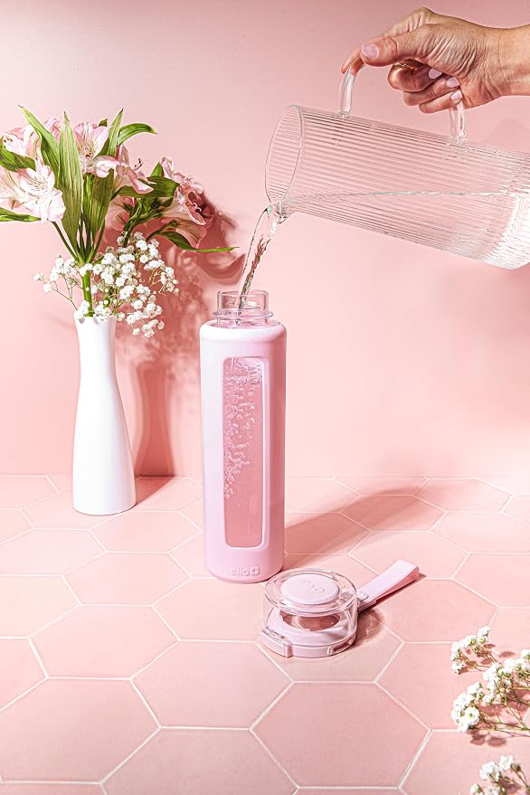 Ello Syndicate 20oz Glass Water Bottle with Flip Lid and Sleeve, Cashmere Pink