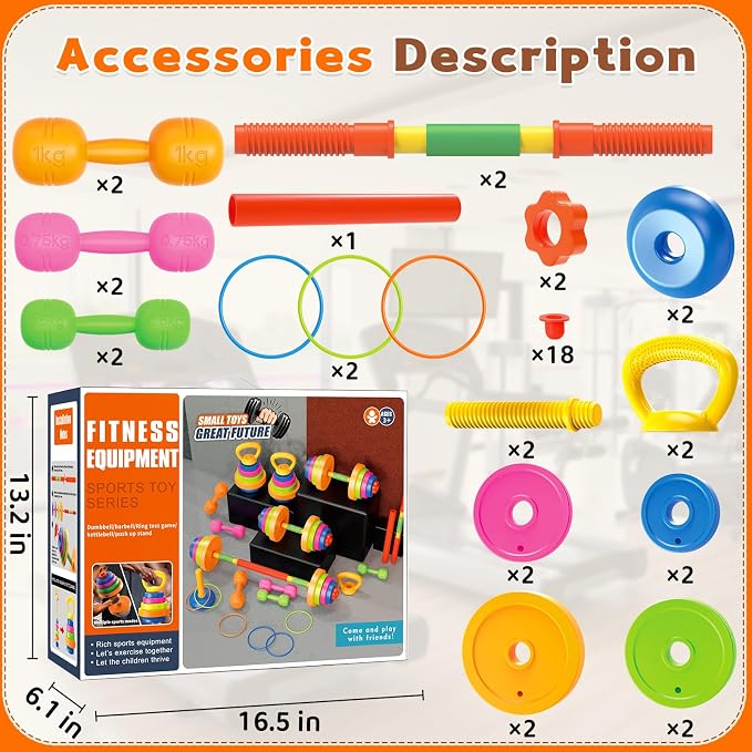 6-in-1 Kids Weight Set, Kids Workout Equipment, Kid exercise equipment Toys | Kids Adjustable Dumbbell, Barbell, Kettlebell, Push-Up ,Ring. Fitness Play Gym Toys Set Gift Small Weights for Kids Boy Girl
