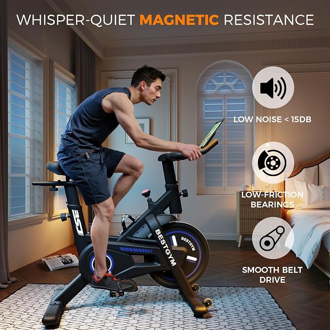 Exercise Bike, Brake Pad/Magnetic Stationary Bike with App, Low Noise Indoor Cycling Bike with 330lbs Weight Capacity, Adjustable Seat, Tablet Holder, Water Bottle Holder for Home Fitness and Weight Loss