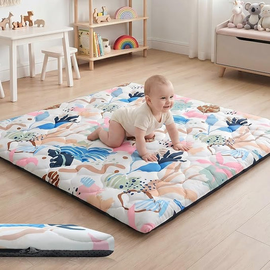 1.6" Thick Baby Play Mat, 50x50 Removable & Machine Washable Cover | Padded Memory Foam, Non-Slip Backing, 100% Baby-Safe Materials, Tummy Time Crawling, Outdoor, Bedroom, Living Room, Nursery