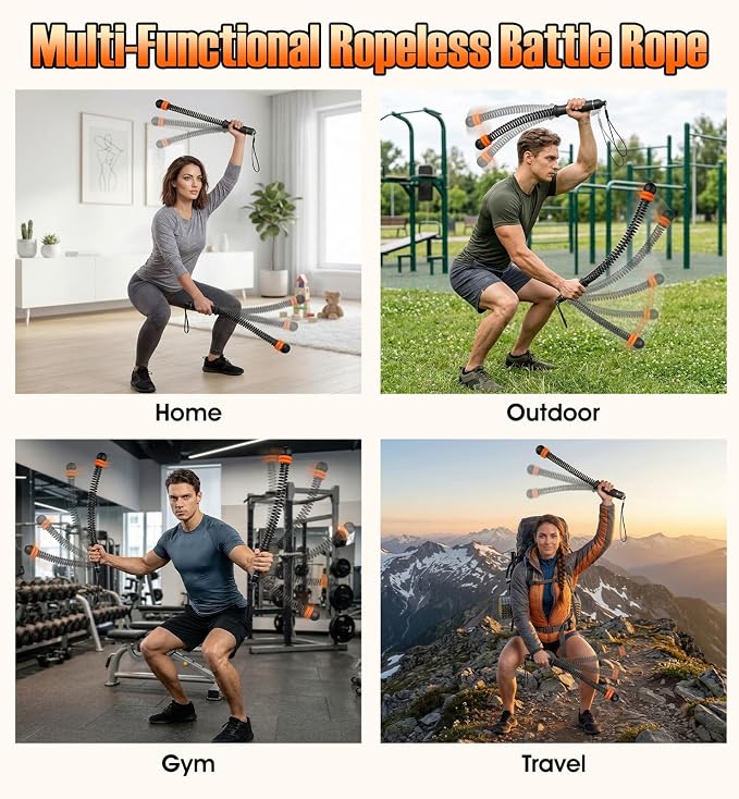 Weighted Ropeless Battle Ropes with Adjustable Resistance, Cordless Battle Rope for Home Gym & Apartment, Heavy Duty Portable Workout Equipment for Men & Women, High-Intensity HIIT & Cardio Training