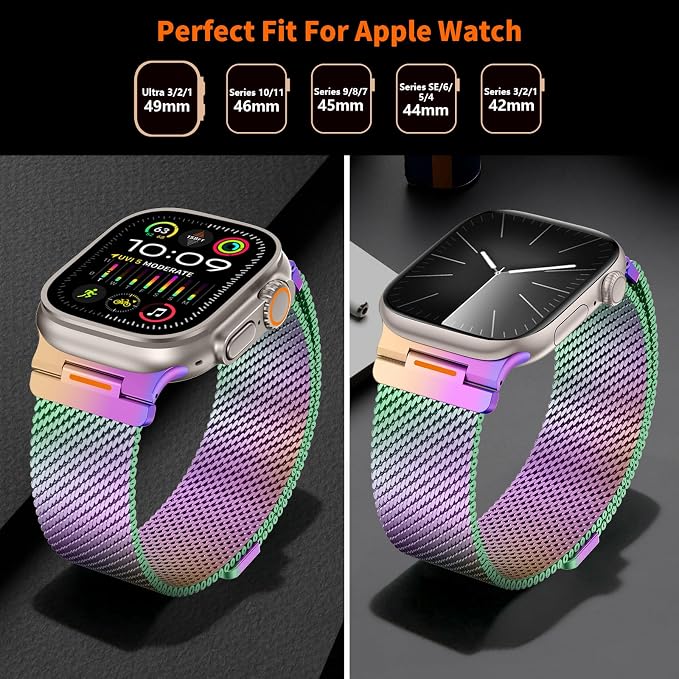 Bands Compatible with Apple Watch Ultra 3/2/1 Band 49/46/45/44mm | Milanese Loop Magnetic Stainless Steel Strap for iWatch Ultra SE 3/2/1 Series 11 10 9 8 7 6 5 4 3 2 1 Men, Colorful