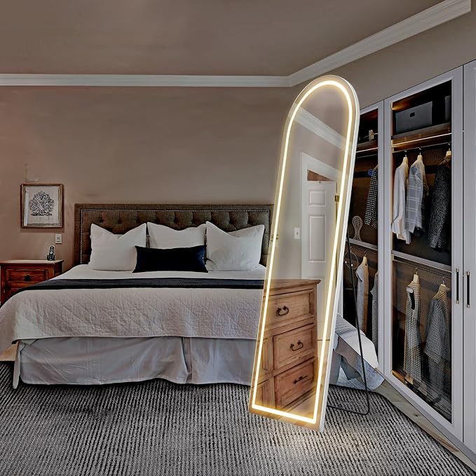 Sweetcrispy 63"x20" LED Mirror Full Length with Stand, Lighted Floor Mirror, w/Dimming & 3 Color Lighting, White