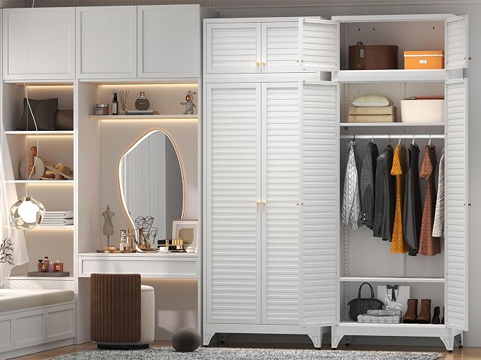 Polup 86" Tall Metal Armoire Wardrobe Closet for Hanging Clothes | White Heavy Duty Steel 4-Door Clothing Storage Cabinet with Adjustable Shelves, Rod, for Bedroom, Office (Ships in 2 Boxes)
