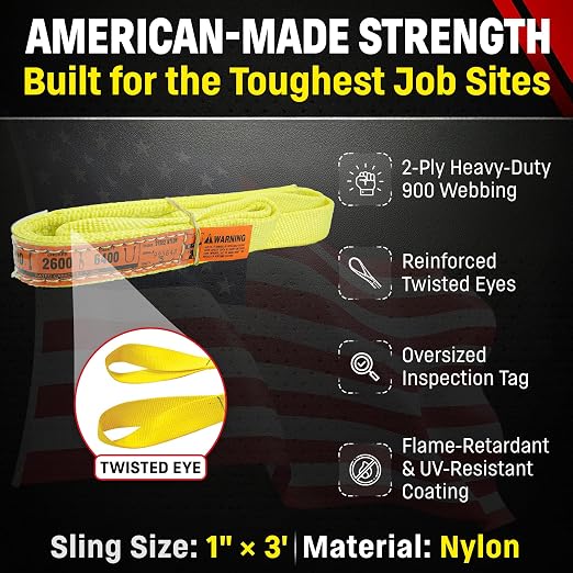 DD Sling 1 Inch x 3 Foot Nylon Lifting Sling – USA Made, 3,200 lb Vertical, 2,600 lb Choker, 6,400 lb Basket – 2-Ply Heavy Duty 900 Webbing, Type 4 Twisted Eye & Eye Rigging Sling