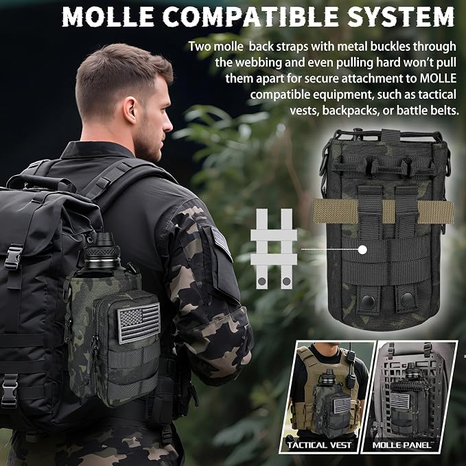 DEFUNX Half Gallon Water Bottle Insulated with Sleeve - Tactical 64 oz Stainless Steel Water Jug with MOLLE Water Bottle Pouch, Gym Water Bottles for Men Hiking Workout (Black Camo)