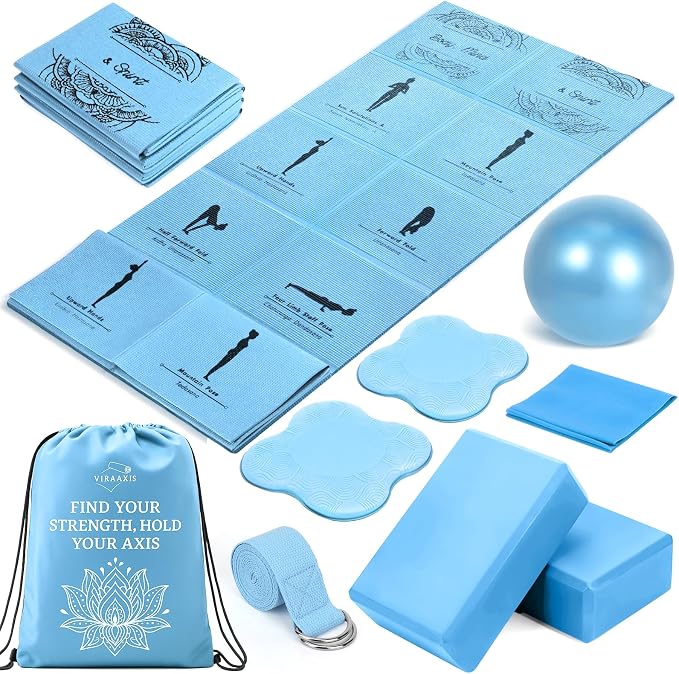 Foldable Yoga Mat and Blocks Set for Women with 2 Pack Yoga Blocks and Strap,Thin Non Slip Pilates Mat with Bag, Home Workout Equipment Essentials Starter Kit for Beginners Full Body Toning