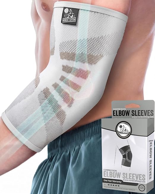 Elbow Compression Sleeves (1 Pair) - Elbow Brace for Tendonitis, Tennis & Golfers Elbow - Weightlifting Support for Men & Women - Pain Relief & Joint Recovery (2, Frost White, Medium)