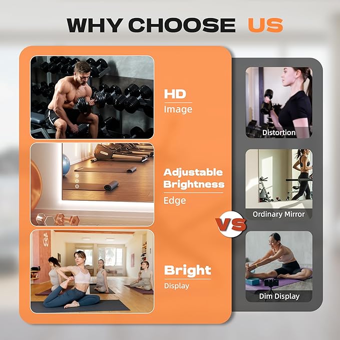 Hasipu 72''x 36'' Home Gym Mirror with Lights Dimmable Anti-Fog Large Full Length Wall Mounted Full Body Mirror for Yoga Dance Fitness Exercise Studio Bedroom Garage, Tempered Glass Workout Mirrors