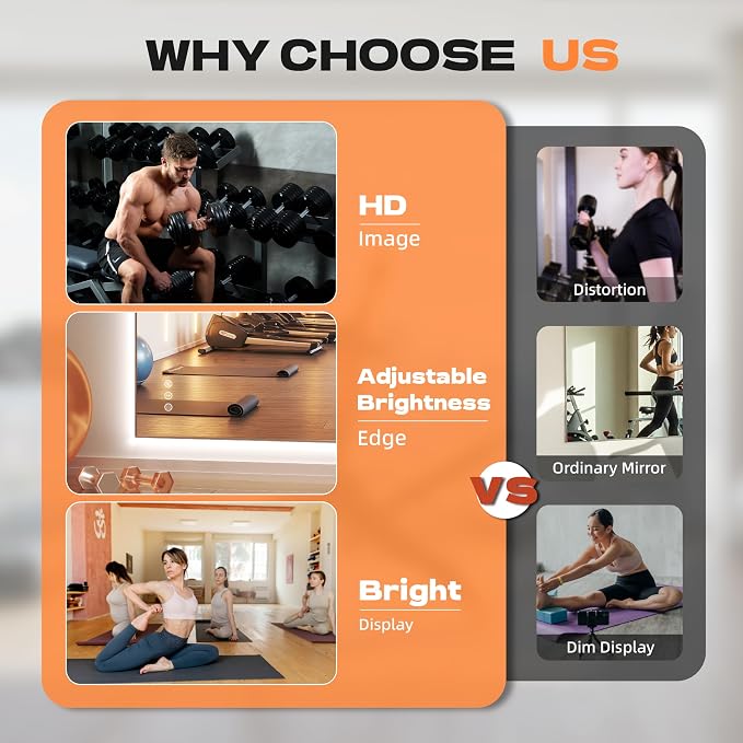 Hasipu 83''x 40'' Home Gym Mirror with Lights Dimmable Anti-Fog Large Full Length Wall Mounted Full Body Mirror for Yoga Dance Fitness Exercise Studio Bedroom Garage, Tempered Glass Workout Mirrors