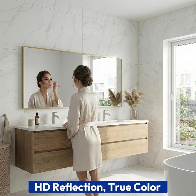 30" x 60" Gold Wall Mirror for Bathroom, 60" x 30" Extra Large Metal Framed Accent Decor, Horizontal Mirror for Dining Room & Double Vanity