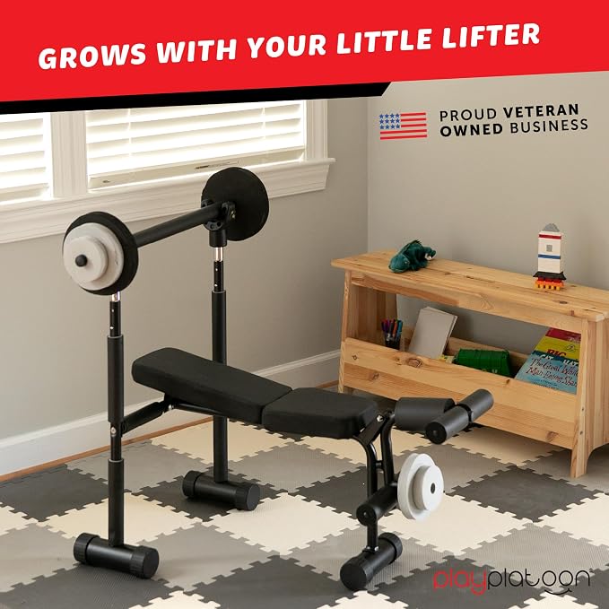 Play Platoon Kids Weight Bench Set or Squat Rack- Kids Gym Equipment for Home - Fitness Equipment for Boys - Workout and Exercise Equipment - Ages 3+