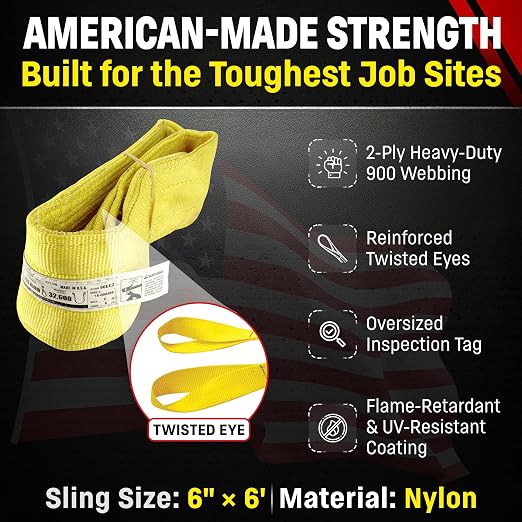DD Sling 6 Inch x 6 Foot Nylon Lifting Sling – USA Made, 16,300 lb Vertical, 13,000 lb Choker, 32,600 lb Basket – 2-Ply Heavy Duty 900 Webbing, Type 4 Twisted Eye & Eye Rigging Sling