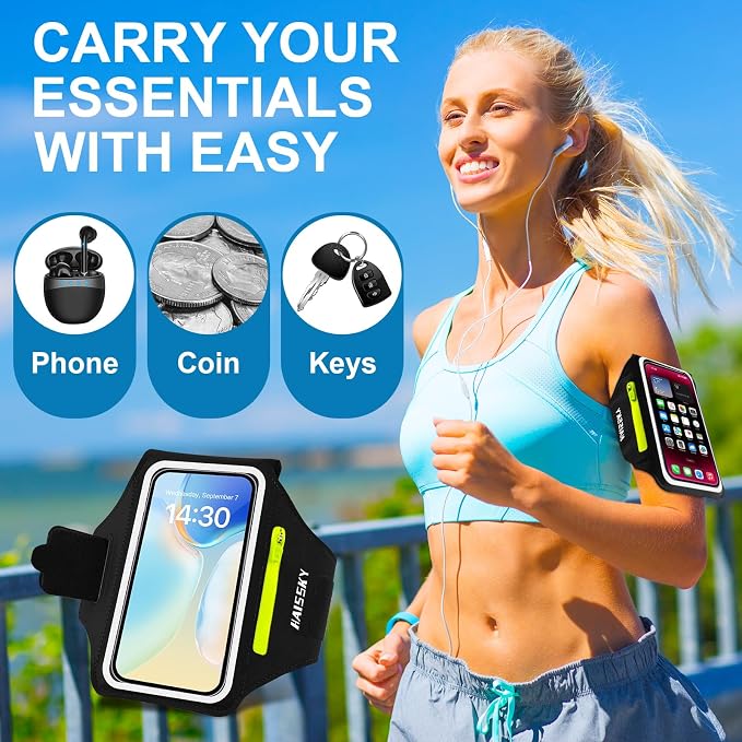Running Armband with Earphone Bag Cell Phone Armband for iPhone 16 15 Pro 14 Plus 13 11 XR XS, Galaxy S24/S10 Water Resistant Sports Phone Holder Case & Zipper Slot Car Key Holder for 6.9 inch Phone | Cell Phone Armband for iPhone, Water Resistant & Br...