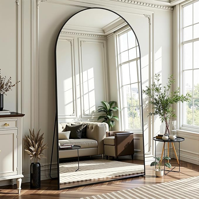 Full Length Mirror 90" L x 46" Full Body Standing Mirror for Bedroom, Living Room, Gym, Dorm - Shatter-Resistant & Easy Assembly, Arched Style Black