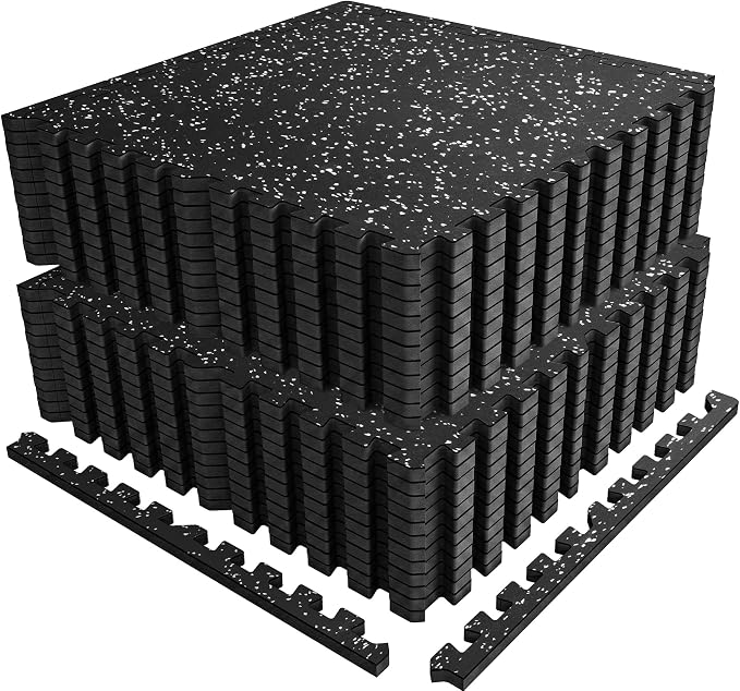 PRAISUN 0.56" Rubber Top Gym Flooring, Heavy Duty Interlocking Gym Mats for Home Gym, Non-Slip Workout Mat, 24 x 24in Large Gym Floor Mat, Protect Floors from Weights & Equipment, 96 Sq Ft, Black/Grey