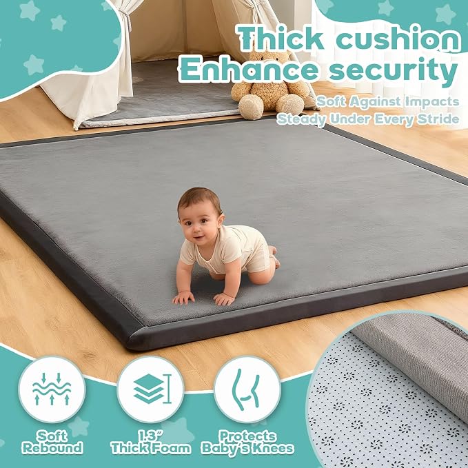 Baby Play Mat for Floor, 71'' x 59'' Thicken Foam Soft Padded Playmat for Tummy Time, Playpen Mat for Toddlers Infant Kids, Water-Repellent Coral Velvet, Non-Slip Bottom Safe for Crawling (Dark Grey)